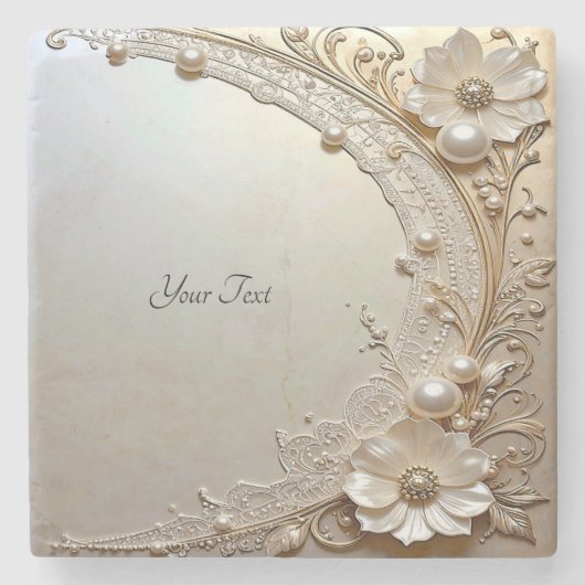 Modern White Flowers Pearls Stone Coaster Steinuntersetzer (Vorderseite)