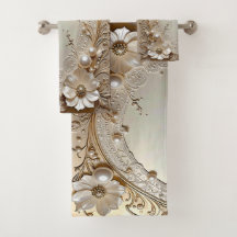 Modern White Flowers Pearls Towel Set