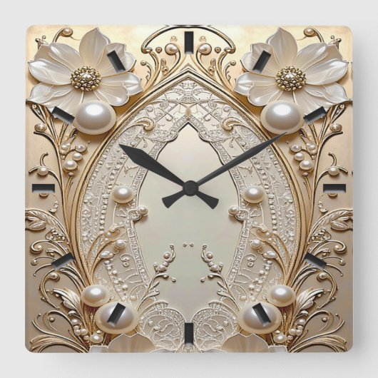 Modern White Flowers Pearls Wall Clock Quadratische Wanduhr (Vorderseite)