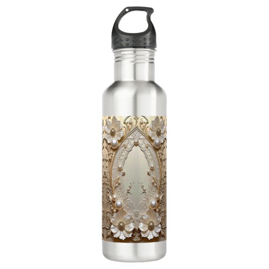 Modern White Flowers Pearls Water Bottle Edelstahlflasche (Vorderseite)