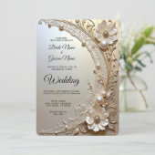 Modern White Flowers Pearls Wedding Invitation Einladung (Stehend Vorderseite)