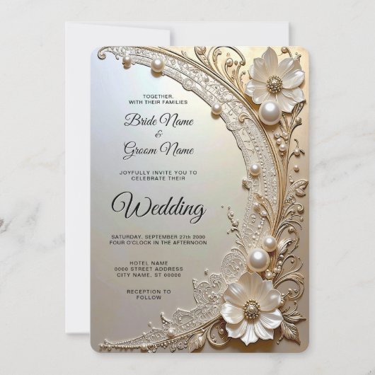 Modern White Flowers Pearls Wedding Invitation Einladung (Vorderseite)