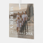 Modern White Frohe Weihnachts-Script-Foto Ornament Aus Glas (Vorderseite links)
