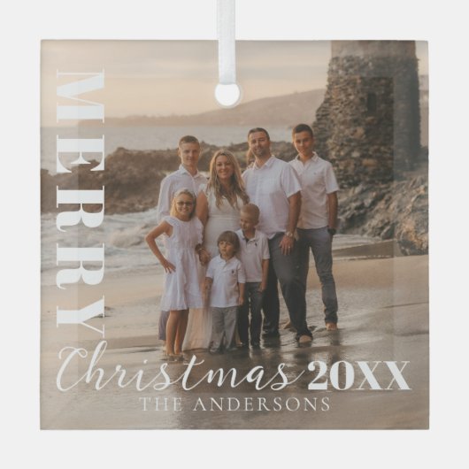 Modern White Frohe Weihnachts-Script-Foto Ornament Aus Glas (Vorderseite)