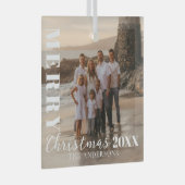 Modern White Frohe Weihnachts-Script-Foto Ornament Aus Glas (Vorderseite Rechts)