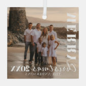 Modern White Frohe Weihnachts-Script-Foto Ornament Aus Glas (Rückseite)