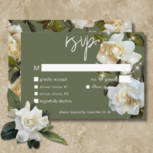 Modern White Gardenias on Sage Sparkle Dinner RSVP Karte