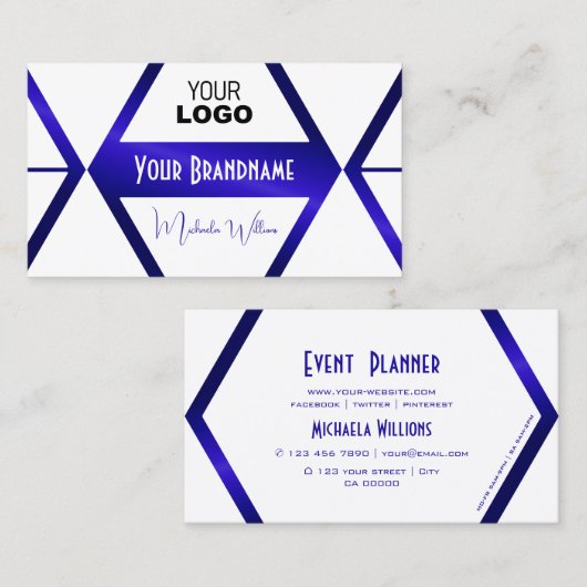 Modern White Geometric Blue Shimmer Cool mit Logo Visitenkarte (Vorne/Hinten)