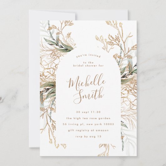 Modern White Gold Boho Eucalyptus Brautparty Einladung (Vorderseite)