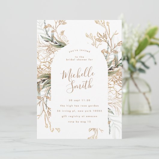 Modern White Gold Boho Eucalyptus Brautparty Einladung (Stehend Vorderseite)