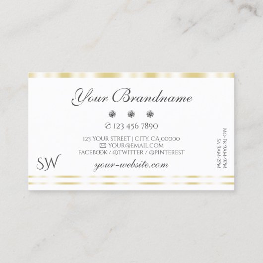 Modern White Gold Border Sparkle Diamonds Initiale Visitenkarte (Rückseite)