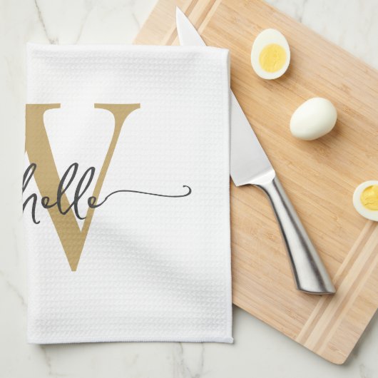 Modern White Gold Custom Monogram Name Script Geschirrtuch (Viertel Falte)