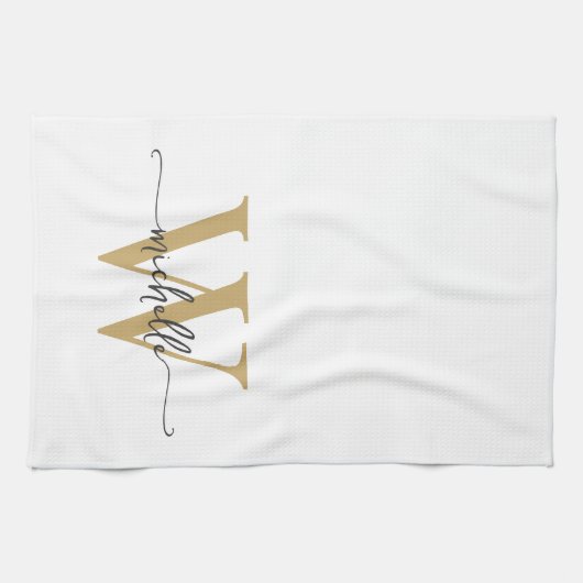 Modern White Gold Custom Monogram Name Script Geschirrtuch (Horizontal)