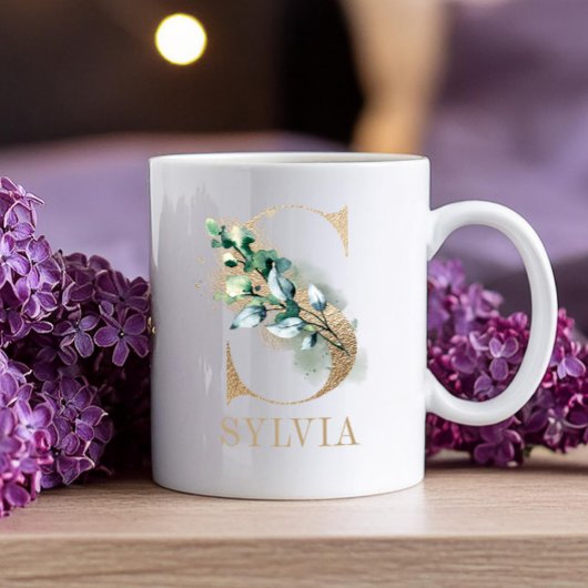 Modern White, Gold Monogram Floral S Kaffeetasse