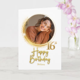 Modern White & Gold Photo Name 16th Birthday Karte