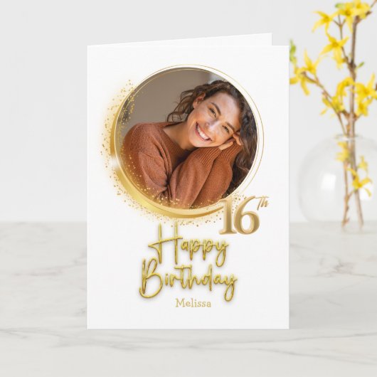 Modern White & Gold Photo Name 16th Birthday Karte (Gelbe Blume)