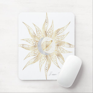 Modern White Gold Sun Moon Planet Universe Mandala Mousepad