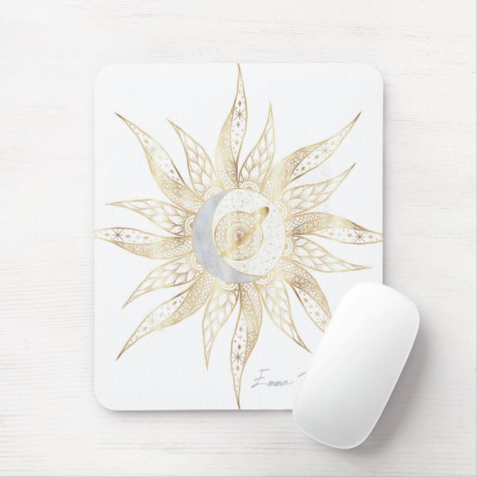 Modern White Gold Sun Moon Planet Universe Mandala Mousepad (Mit Mouse)