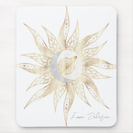 Modern White Gold Sun Moon Planet Universe Mandala Mousepad (Vorne)