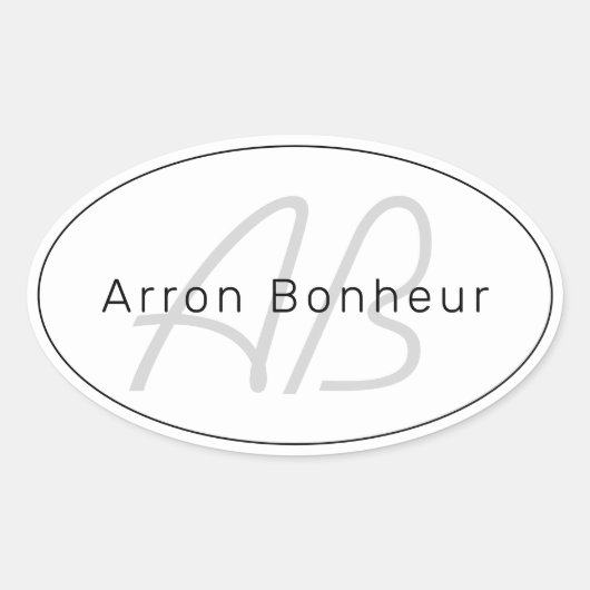 Modern White Gray & Black | Cooler Name und Monogr Ovaler Aufkleber (Vorderseite)