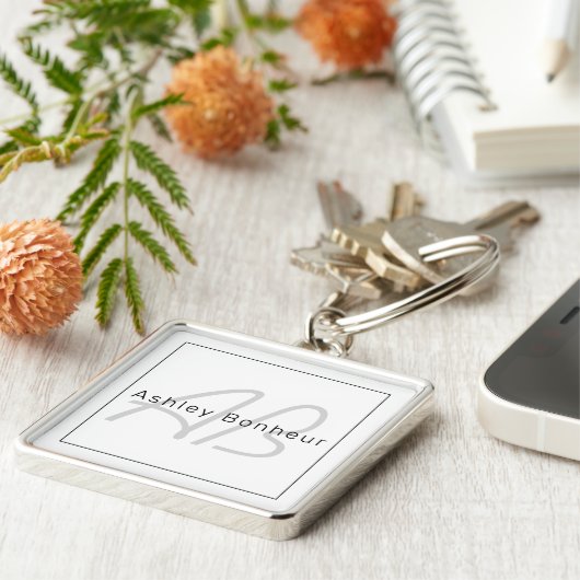 Modern White Gray & Black | Cooler Name und Monogr Schlüsselanhänger (Seite)