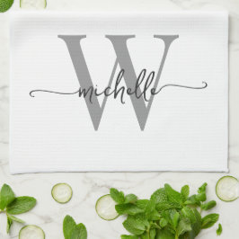 Modern White Gray Custom Monogram Name Script Geschirrtuch