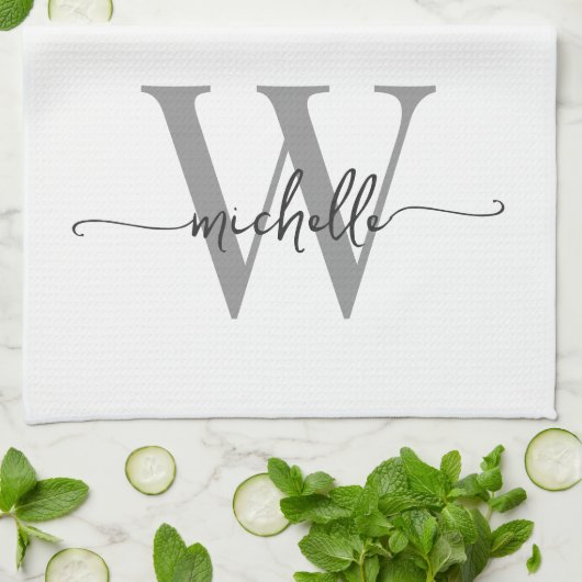 Modern White Gray Custom Monogram Name Script Geschirrtuch (Gefaltet)