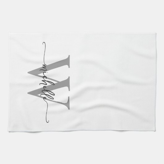 Modern White Gray Custom Monogram Name Script Geschirrtuch (Horizontal)