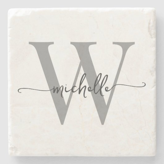 Modern White Gray Custom Monogram Name Script Steinuntersetzer (Vorderseite)