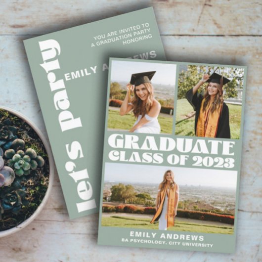 Modern White & Green 3 Foto Grad Party Einladung