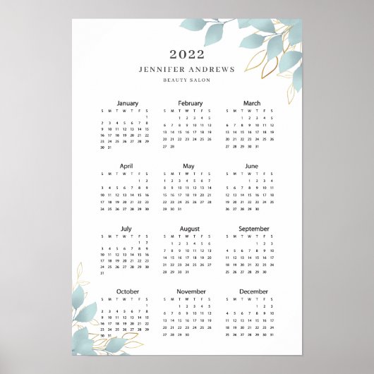 Modern White Green Leafy Calender 2022 Poster (Vorne)