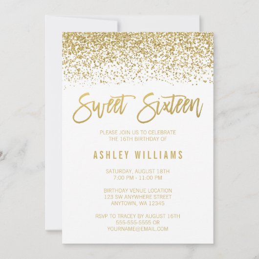 Modern White Imitats Gold Glitzer Sweet 16 Geburts Einladung (Vorderseite)