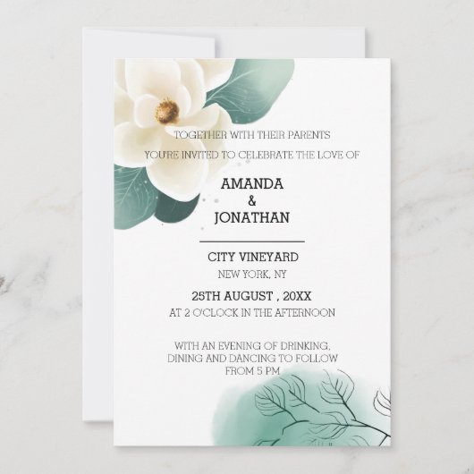 Modern White Magnolia Wedding Card Einladung (Vorderseite)