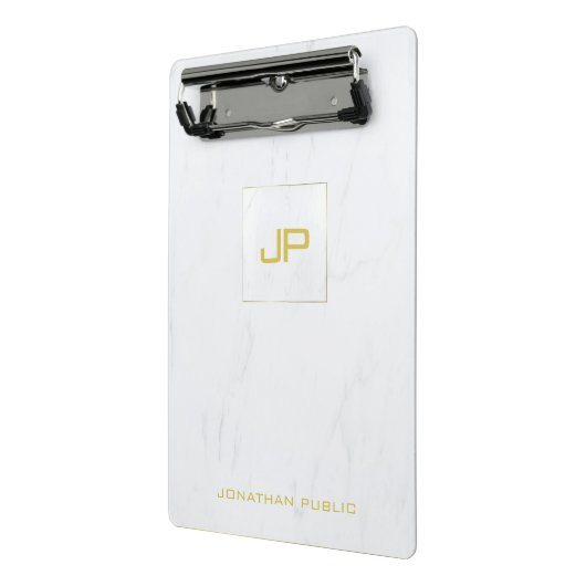Modern-White-Marble-Gold Monogram, modern elegant Mini Klemmbrett (Gewinkelt2)
