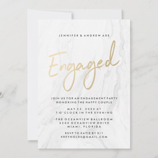 Modern White Marble Gold Script | Engagement Einladung (Vorderseite)