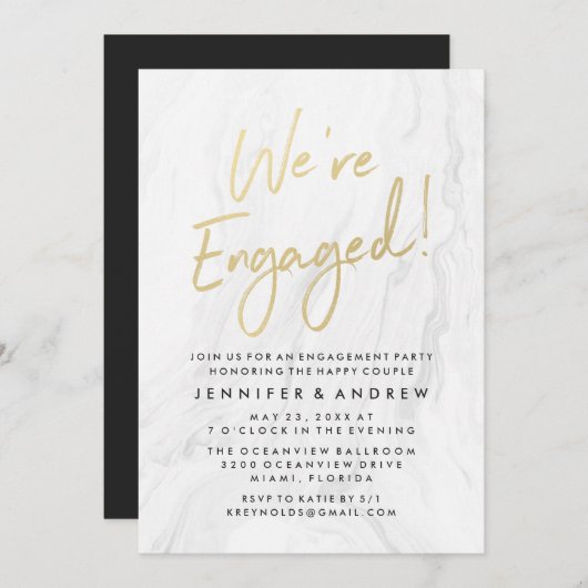 Modern White Marble Gold Script | Engagement Einladung (Vorne/Hinten)