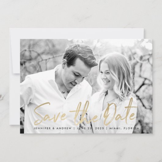 Modern White Marble Gold Script Foto Save The Date (Vorderseite)
