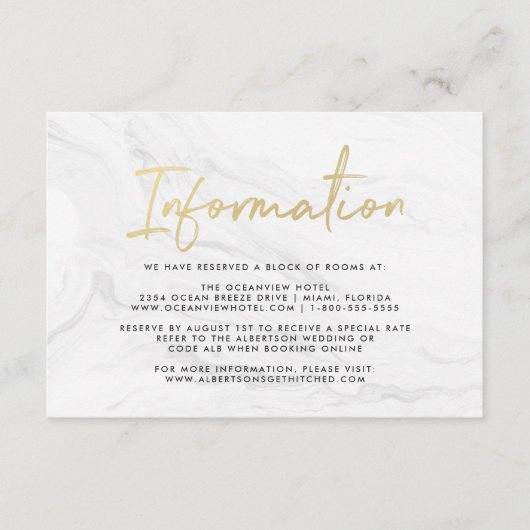 Modern White Marble Gold Script | Informationskart Begleitkarte (Vorderseite)