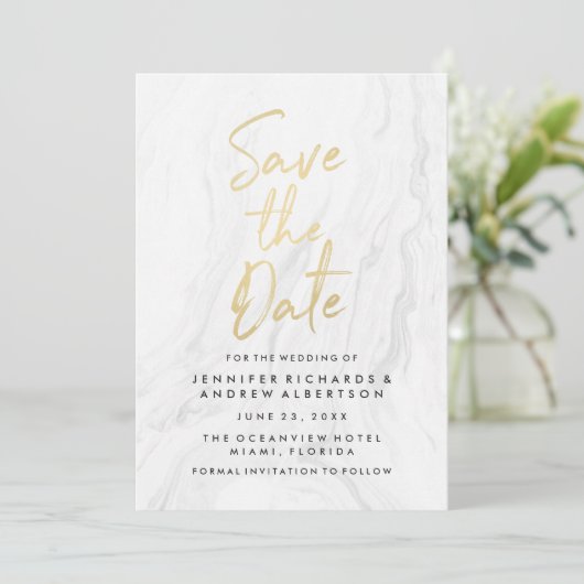 Modern White Marble Gold Script | SAVE THE DATE (Stehend Vorderseite)