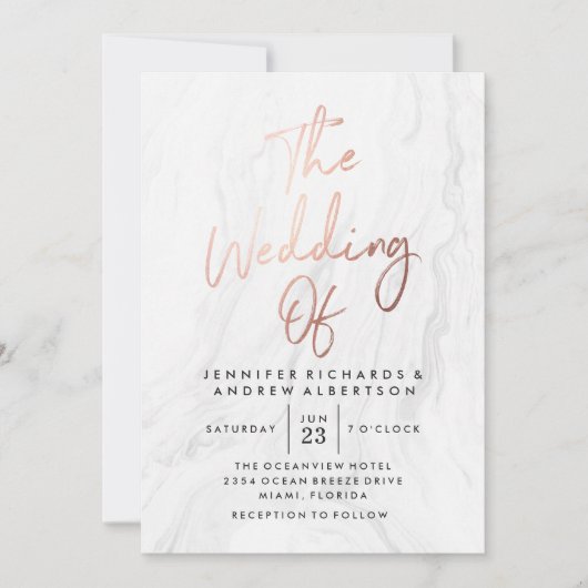Modern White Marble Rose Gold Script | Hochzeit Einladung (Vorderseite)