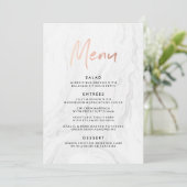Modern White Marble Rose Gold Script Wedding Menu Menükarte (Stehend Vorderseite)