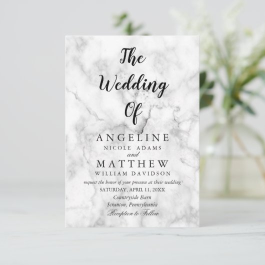 Modern White Marble Script| Einladung zur Hochzeit (Stehend Vorderseite)