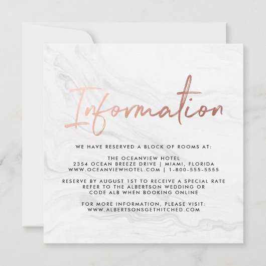 Modern White Marble Script | Hochzeitsinformatione Einladung (Vorderseite)