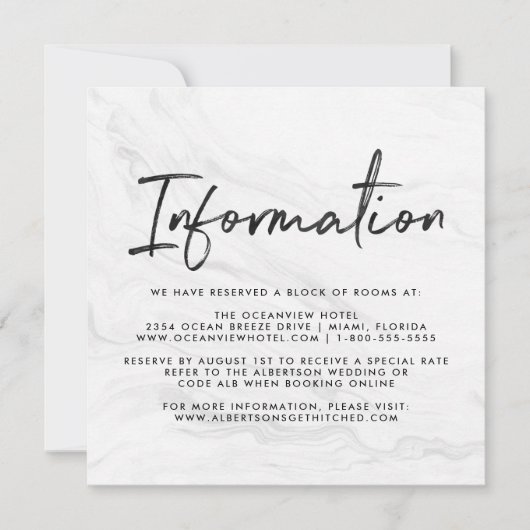 Modern White Marble Script | Hochzeitsinformatione Einladung (Vorderseite)