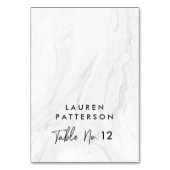 Modern White Marble Script | Hochzeitsort Tischnummer (Vorderseite)