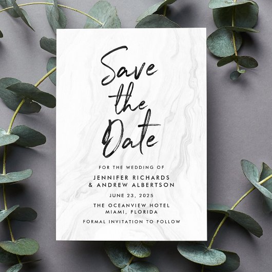 Modern White Marble Script Save the Date