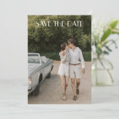 Modern White Overlay Art Deco Two Photo Wedding Save The Date (Stehend Vorderseite)