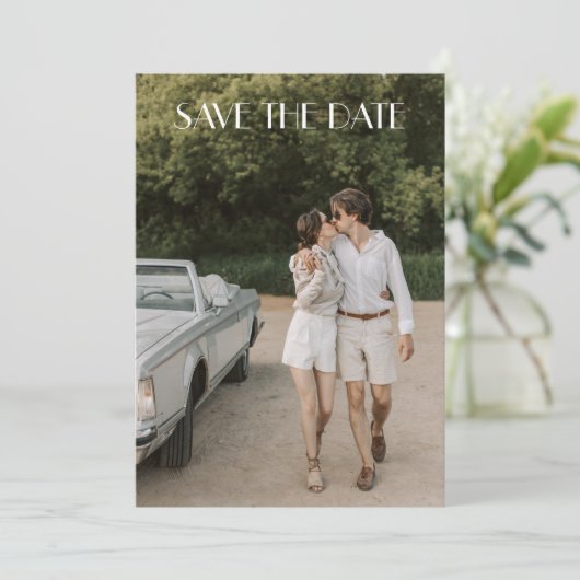 Modern White Overlay Art Deco Two Photo Wedding Save The Date (Stehend Vorderseite)