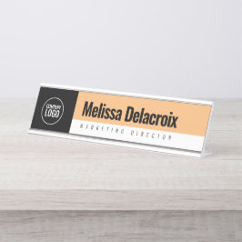 Modern White Peach Black Employee Company Logo Schreibtischnamensplakette