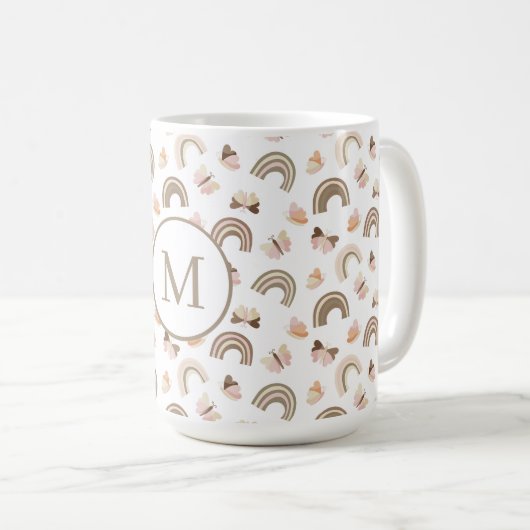 Modern White &pink Butterflies Rainbow Pattern  Kaffeetasse (VorderseiteRechts)